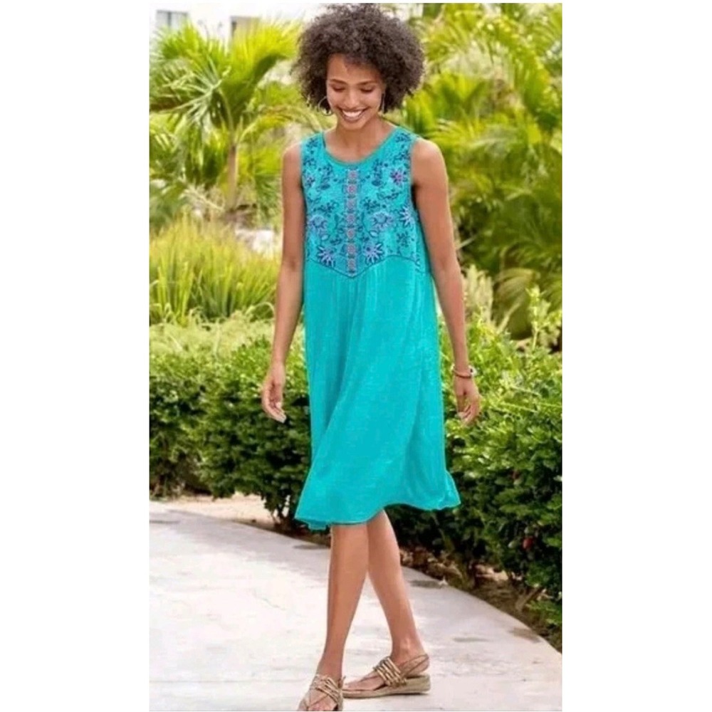 Sundance Hidden Garden Sleeveless Embroidered Linen‎ Dress Blue sz M Boho Beachy